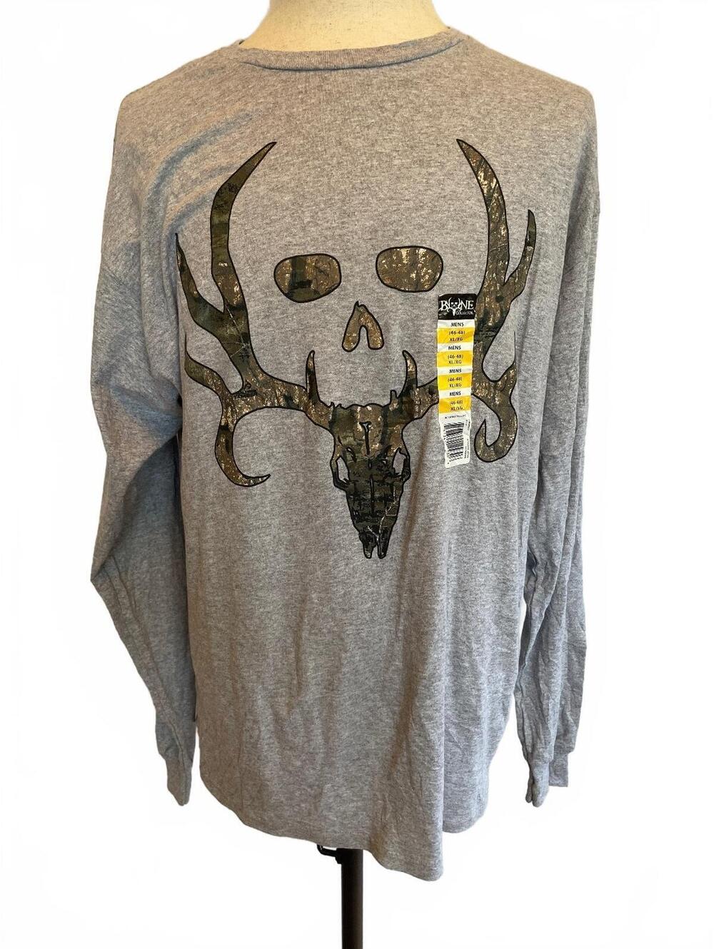 Bone Collector Men’s XL Gray Camo Skull Deer Hunting Long Sleeve Shirt